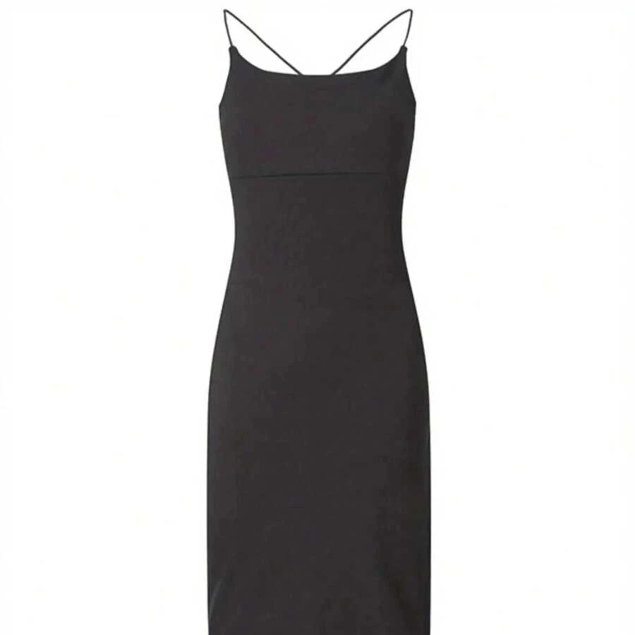 Vestido de tirantes sexy sin espalda con abertura y ajuste ceñido sin mangas para mujer, estilo europeo-americano, moda transfronteriza 2026, que realza la cadera - Negro - Ver 1