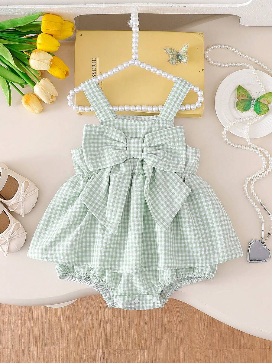 Pelele sin mangas con estampado de cuadros, decoración de lazo 3D y diseño de botones para niñas bebé, adecuado para salidas diarias en primavera y verano