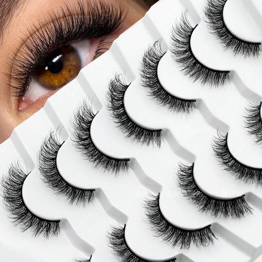 7 Pairs Cat Eye Lashes, Fluffy 3D Faux Mink Eyelashes, Natural & Soft, Reusable, Ideal For Beginners, Perfect For Daily Wear And Party, Looks Like Mink Lashes - Reusable, Natural Look, Strip Lashes, Eyelashes, False Eyelashes - Black - View 1