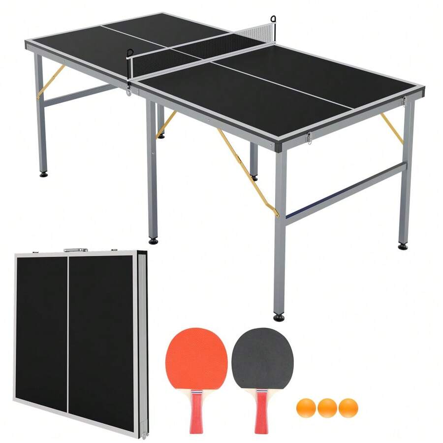 Juego de tenis de mesa portátil de tamaño mediano – Mesa de ping pong de 6x3 pies para interior/exterior, montaje rápido, incluye red, 2 palas, 3 pelotas – Ideal para adultos y adolescentes - Negro - Ver 1
