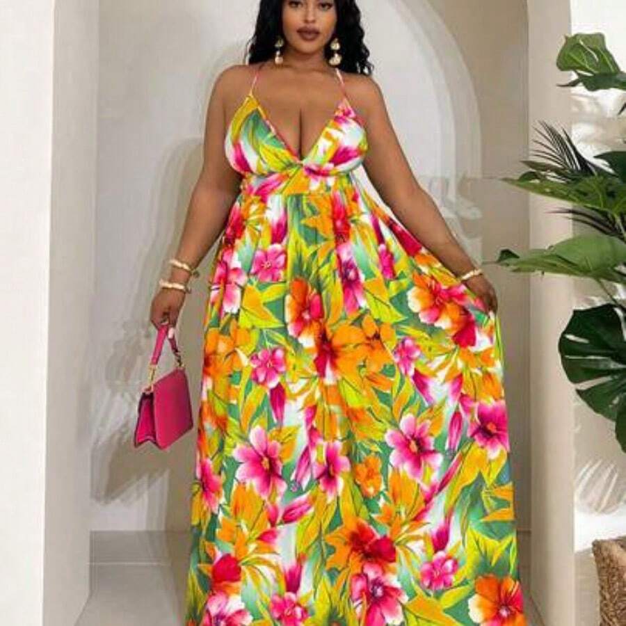 Veslaya Spring/Summer New Arrival Daily Wear, Birthday, Casual, Vacation, Beach, Travel, Tropical Floral Print High Waist A-Line Sleeveless Plus Size Dress,Beach Dress Sundress,Holiday Outfits Boho - Amarillo - Ver 1