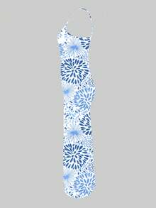 LovelyWholesale Đầm dự tiệc thanh lịch in hoa ôm dáng dành cho nữ, đầm nghỉ hè. - Màu xanh nhạt - Xem 6