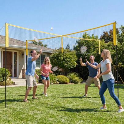 Juego de Voleibol Cuadrado de 4 – Red Ajustable de 4 Direcciones de 14 Pies para Voleibol y Bádminton – Incluye Balón, Bomba, Estructura de Hierro, Red de PE y Bolsa de Transporte – Equipo de Deportes al Aire Libre para Patio, Playa, Césped y Diversión Familiar