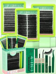 Lashsun Kit de 640 piezas de racimos de pestañas D Curl Cat/Mega/Volume, 3 cajas de pestañas en un kit, kit con pegamento y removedor, pinzas para principiantes y expertos, DIY en casa fácilmente, pestañas de racimo suaves y cómodas fáciles de aplicar para maquillaje de uso diario - Negro - Ver 9