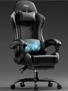 HLONONE Gaming Chair With Massage Function, Ergonomic Gamer Chair, Racing Gaming Chair With Footrest, Headrest And Massage Lumbar Cushion, Padded PC Chair, 150 Kg Load Capacity - Black - View 1