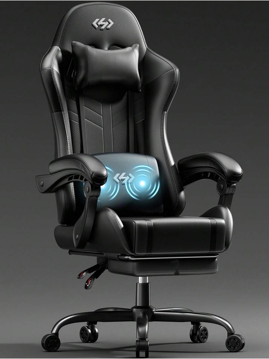 HLONONE Gaming Chair With Massage Function, Ergonomic Gamer Chair, Racing Gaming Chair With Footrest, Headrest And Massage Lumbar Cushion, Padded PC Chair, 150 Kg Load Capacity - Black - View 1