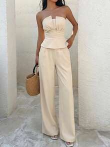2pcs Set: Tie-Waist Ruffle Trim Top + Wide Leg Pants, Elegant Office Wear, Casual Commute, Vintage Style, Sophisticated Social Influencer Look Summer - Apricot - View 4