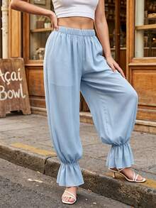 Women's Spring Summer Baggy Pants Solid Color Loose Harem Pants with Gathered Elastic Cuffs - Azul - Ver 5