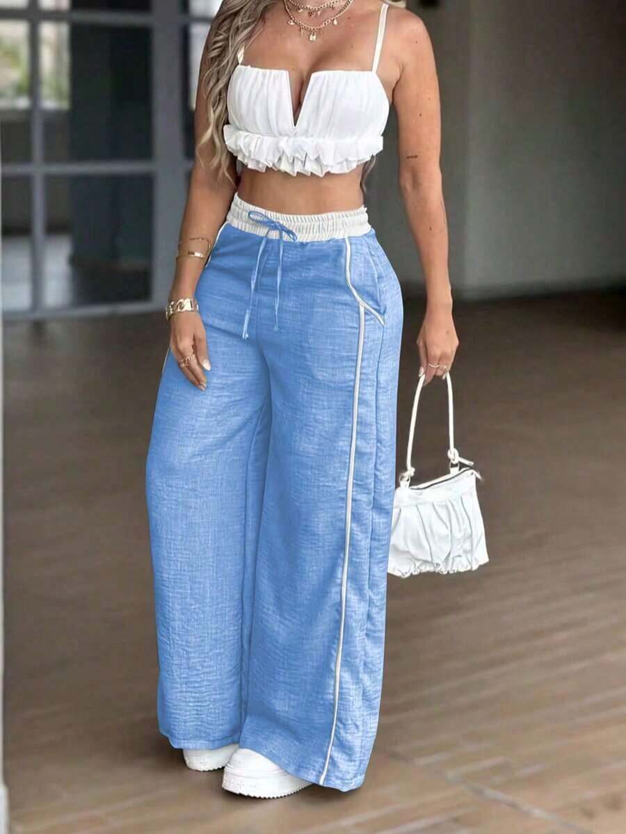 Pantalones de pierna ancha de cintura alta de color gris verdoso claro estilo Y2K, pantalones casuales sueltos de estilo europeo y americano, pantalones rectos y anchos versátiles para primavera/verano que estilizan la figura - Celeste - Ver 1