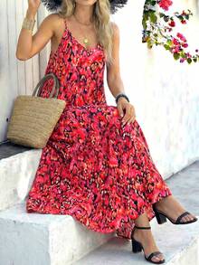 2026 Summer Plus Size Women's Bohemian Floral Print Deep V Backless Casual Sleeveless Maxi Dress - Fashionable And Elegant, Minimalist French Retro Romantic Style; Suitable For Daily Commute, Beach Vacation Wear In Spring And Summer Red - Red - View 6