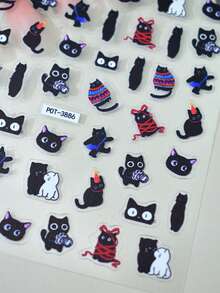 1pc Cute Cartoon Black Cat Nail Stickers, Self-Adhesive One-Time Embossed Nail Art Decals, Nail Stickers Suitable For Daily Wear & Dates, Vivid Pattern Easy To Apply & Firmly Stick - Multicolor - View 4