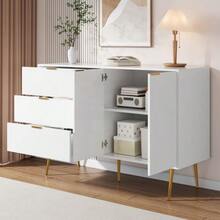 Sideboard, Wohnzimmerschrank Mit Türen Und Schubladen, Innenregalen, Kommode Mit Goldenen Griffen Und Beinen - White+Gold - View 6