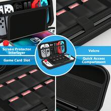 Switch 與新 Switch OLED 主機便攜式硬殼保護收納攜帶包 - 黑色，旅行保護殼包附配件與遊戲收納口袋 - 查看 6