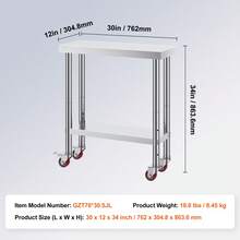 VEVOR Stainless Steel Work Table 30 X 12 X 34 Inch, 700 LBS Load Capacity With 4 Wheels, 3 Adjustable Height Levels, Heavy Duty Food Prep Worktable For Commercial Kitchen Restaurant, Silver - 30 X 12 X 34 Inch, 700 LBS - View 11