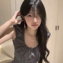 女士新款韩版藏蓝色格纹方领花瓣袖荷叶边下摆露脐上衣，夏季修身款 - 藏蓝色 - 查看 5