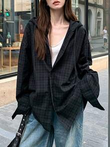 2025 格紋印花休閒女款長袖鈕扣連帽襯衫 黑色 - 黑色 - 查看 5