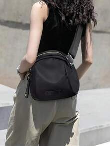Black Minimalist Round Crossbody Bag, Durable, Suitable For Daily Commute, Women's Nylon Messenger Bag, Waterproof Shoulder Bag, Multi-Zipper Courier Bag - Black - View 4