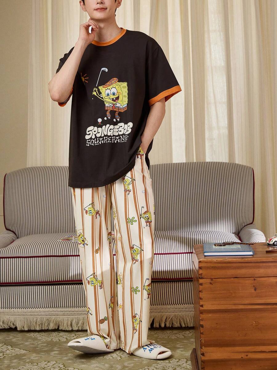 Gongdie SpongeBob SquarePants 2件套海绵宝宝男士夏季睡衣，海绵宝宝印花短袖长裤套装，柔软纯棉家居睡衣，棕色和米色条纹 - 黑色 - 查看 1