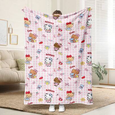  1pc Comfortable Hello Kitty Pink Plaid Pattern Flannel Blanket, Soft Polyester Knitted Design, Versatile Use, Machine Washable, Ideal Gift For Home, Travel, Outdoor, All Seasons - Suitable For Sofa, Bed, Office Or Travel, Perfect For Movie, Nap, Bedroom, Office, Car, Sanrio Blanket