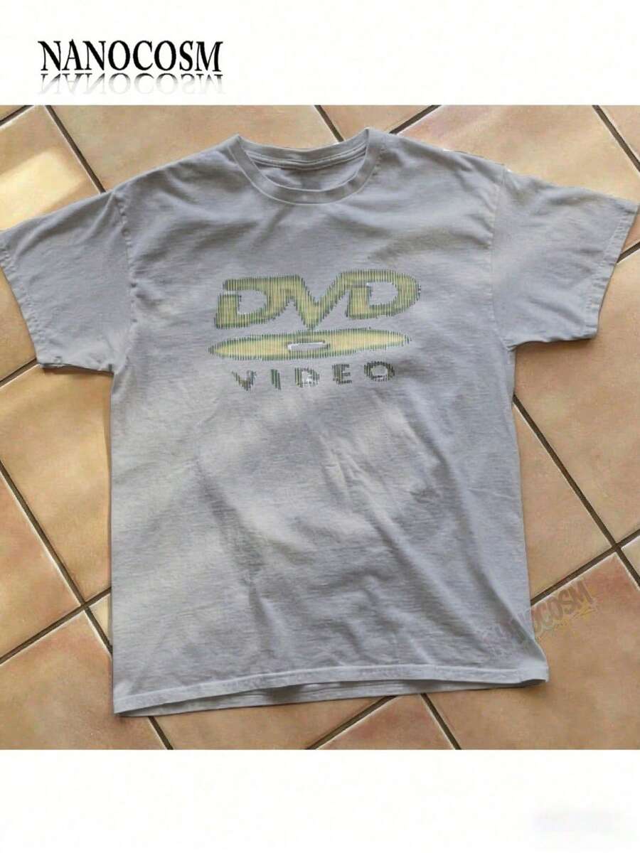 [100% Cotton] DVD Video Nostalgic Green Logo Vintage Gaming Print T-Shirt 2000s Aesthetic Retro Summer Shirt - Unisex Women & Men's Campus Daily Wear - 灰色 - 查看 1