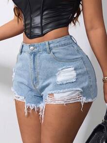 Plus Size Women's Distressed Denim Shorts, Classic Washed Ripped Casual Summer Shorts, Comfortable Fit - Blue - View 3