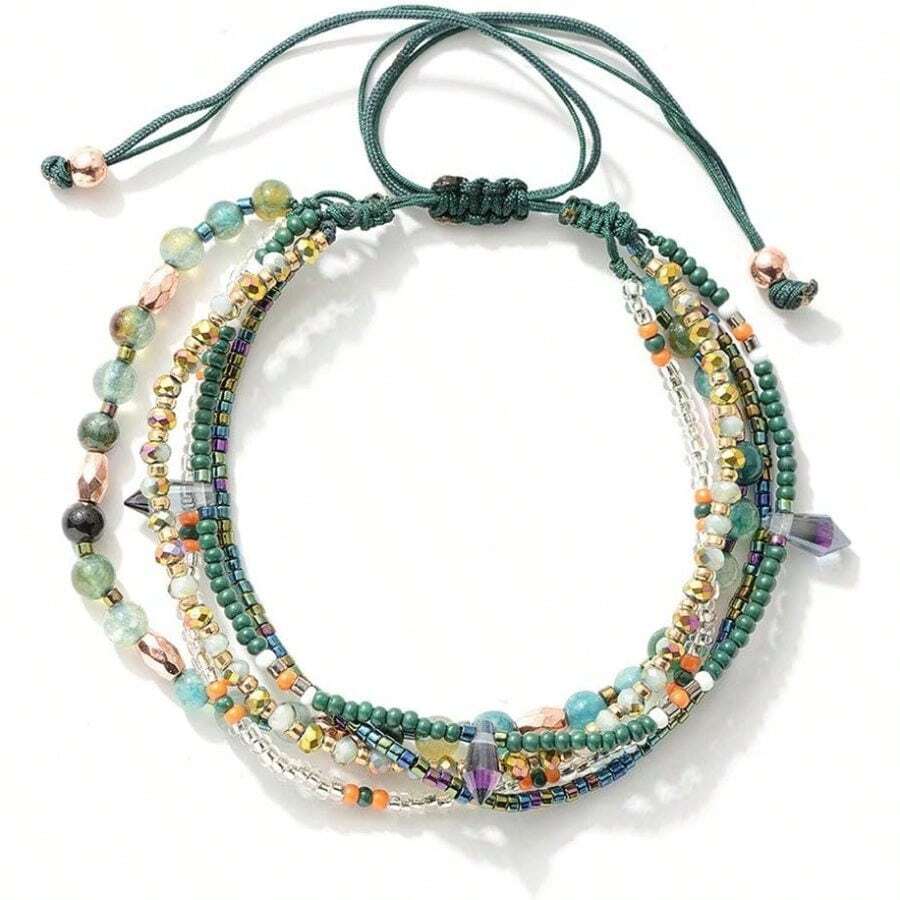 Handmade Adjustable Wrap Bracelet Bohemian String Braided Beads Anklets Gifts For Women - Green - View 1