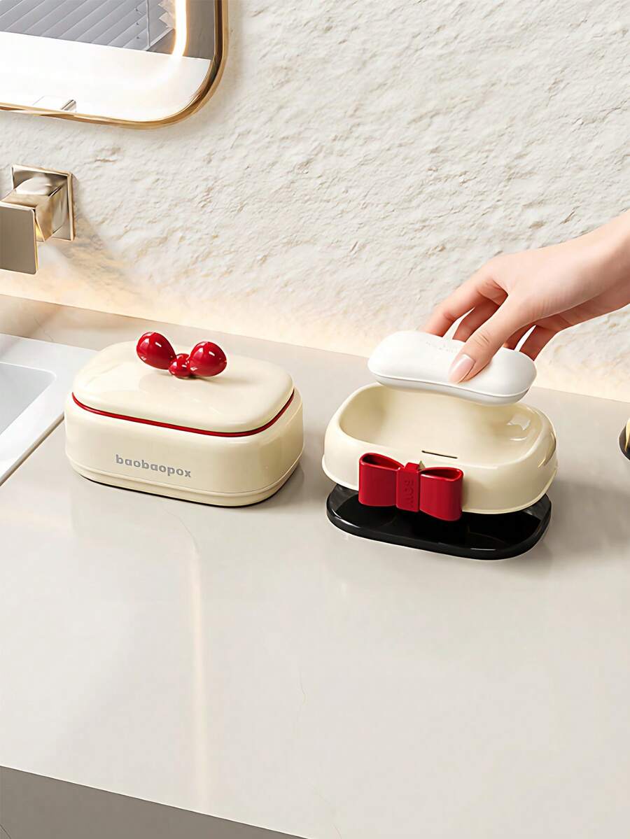 1 chiếc khay đựng xà phòng hình nơ dễ thương, giá đựng xà phòng phòng tắm, hộp đựng xà phòng có lỗ thoát nước cho bàn trang điểm - Cây cung - Xem 1