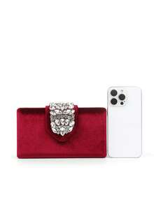 Bolso de mano de terciopelo con brillo para mujer, bolso de noche con decoración de rhinestones y cierre de beso, monedero elegante y compacto, regalo perfecto para boda, baile de graduación o fiesta - Burdeos - Ver 4