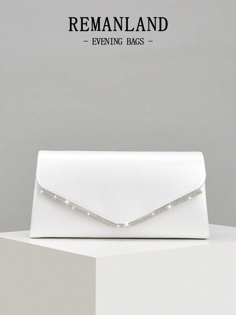 REMANLAND Mini Shiny Solid Color Crystal Leather Square Clutch, Rhinestone Embellished Evening Bag, Perfect Accessory For Women's Ball Gown, Sequin Dress, Elegant Party Bag, Suitable For Wedding, Prom, Party, Banquet And Other Formal Occasions - White - View 1