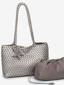 Handwoven Silver Metal Shoulder Bag, Soft Open Weave Style Casual Shoulder Bag, Unique Star Pendant Decor Fashion Daily Bag, Suitable For Spring/Summer Outdoor Travel, Picnic, Weekend Outings, Ideal For Young Girls, Career Women, Housewives, Elegant Resort Style Accessory - Silver - View 2