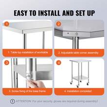 VEVOR Stainless Steel Work Table 24 X 24 X 38 Inch, With 4 Wheels, 3 Adjustable Height Levels, Heavy Duty Food Prep Worktable For Commercial Kitchen Restaurant, Silver - 24 X 24 X 38 Inch - View 6