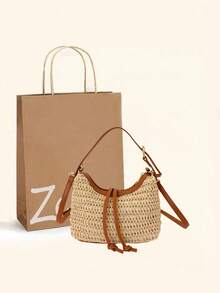 Túi tote đi biển mùa hè mới, kiểu dáng vintage, làm bằng rơm, có khóa kéo, thiết kế độc đáo hình lưỡi liềm kiểu Âu Mỹ, túi đeo vai chéo sang trọng, phù hợp cho đi làm hàng ngày, mua sắm, du lịch, đi học dành cho nữ. - Nhiều màu - Xem 2