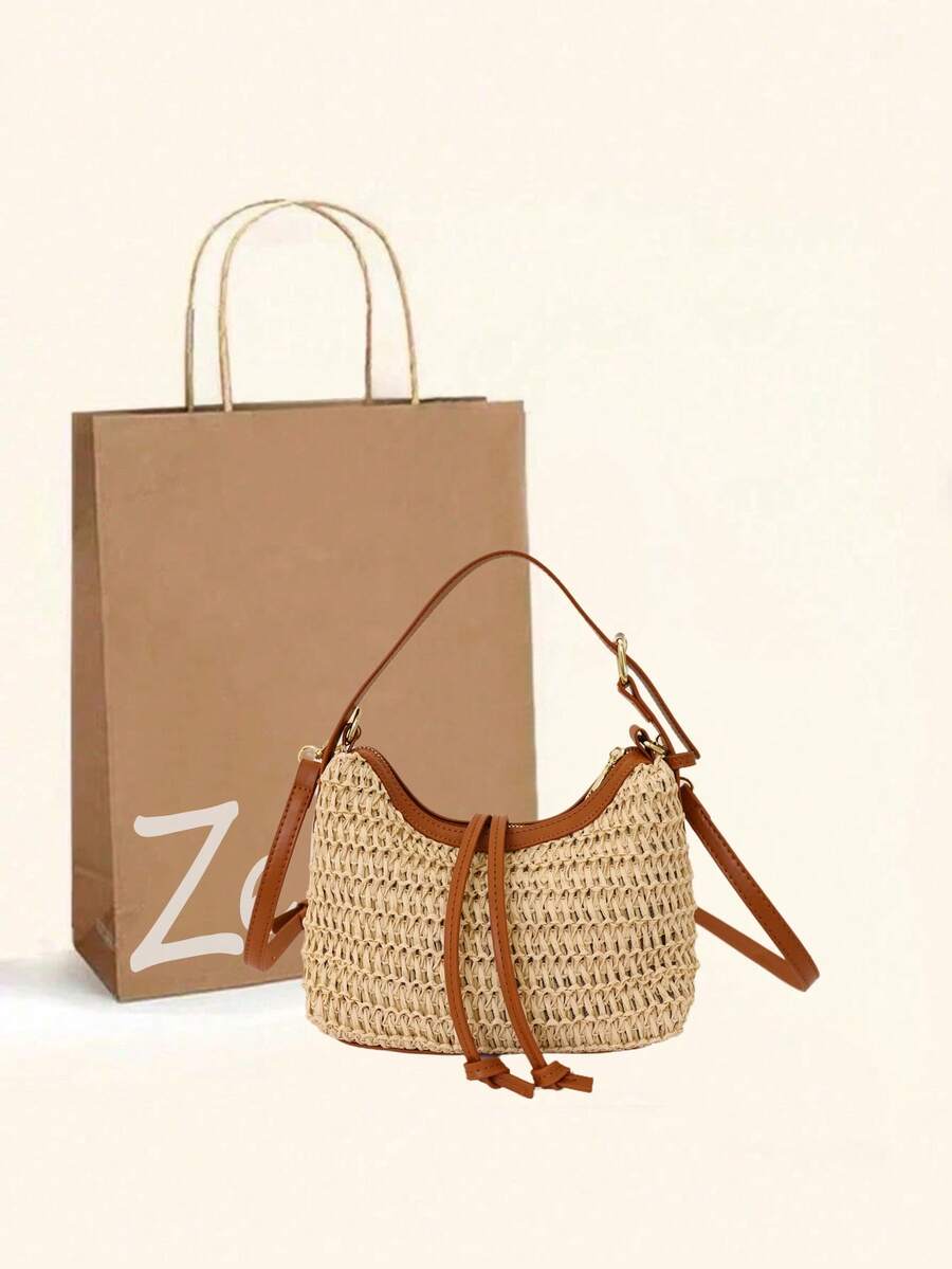Túi tote đi biển mùa hè mới, kiểu dáng vintage, làm bằng rơm, có khóa kéo, thiết kế độc đáo hình lưỡi liềm kiểu Âu Mỹ, túi đeo vai chéo sang trọng, phù hợp cho đi làm hàng ngày, mua sắm, du lịch, đi học dành cho nữ.