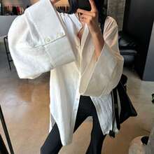 Women Oversized White Stand Collar Button Shirt, Wide Sleeve Loose Long Tunic Top With Slit Hem, Suggest To Size Down - White - View 2