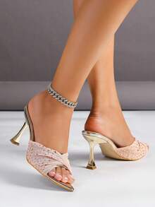 Giày sandal cao gót mũi nhọn đính pha lê thời trang nữ - Hồng - Xem 6