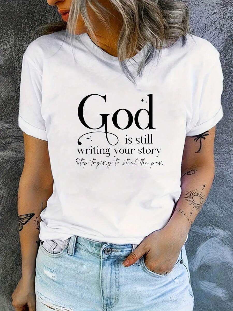 Women's Short-Sleeved Cotton T-Shirt, Women's Inspirational Quote T-Shirt, Knitted Fabric, Short-Sleeved Round Neck, Regular Length Casual Top For Spring/Summer, 100% Alphabet Print T-Shirt. - 白色 - 查看 1