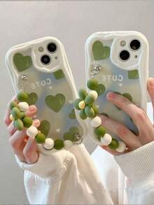 1 dây đeo hạt hình trái tim màu xanh lá cây dễ thương kèm dây đeo chống trượt, tương thích với iPhone 16 15 14 13 12 11 Pro Max Plus X XS XR. Ốp lưng điện thoại silicon mềm tương thích với iPhone 17/17Air/17Pro/17promax. - màu xanh lá - Xem 3