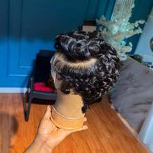 Curly Pixie Cut 13x4 Lace Front Wig Human Hair Wigs 13x4 HD Lace Frontal Wigs Short Layered Curly Glueless Wig Pre Plucked Deep Wave Pixie Cut Human Hair Wigs - Natural Black - 查看 2