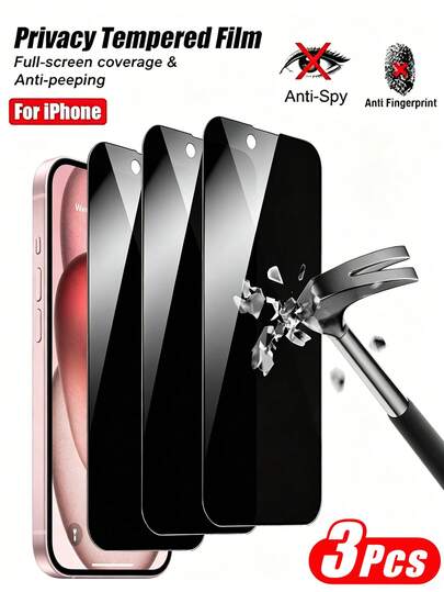 3pcs Tempered Privacy Glass Screen Protector, Compatible With IPhone 15/15 Plus/15 Pro/15 Pro Max, 14/14 Plus/14 Pro/14 Pro Max, 13 Mini/13/13 Pro/13 Pro Max, 12 Mini, 16/16 Pro/16 Plus/16 Pro Max, 17/17 Air/17 Pro/17 Pro Max. Scratch-Resistant, Fingerprint-Proof, Anti-Drop, Anti-Peeping, Perfect Fit With Phone Case.