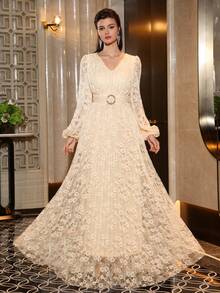Abito da donna con scollo a V, maniche lunghe, vita annodata, orlo con volant, orlo a campana, in tessuto tessuto, stile elegante e morbido - Albicocca - Visualizzare 5