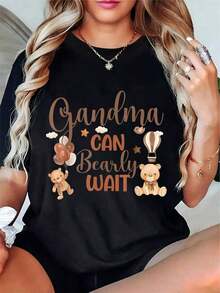 Camiseta de manga corta para mujer con estampado "Grandma Can Bearly Wait" y diseño de ositos de peluche, globos, globo aerostático, nubes y estrellas. |   Perfecto para Baby Shower, Revelación de Género y Celebraciones Familiares. 100% Algodón. - Negro - Ver 3