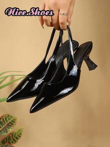 Sandal nữ, giày sandal mùa hè mới có quai sau, giày gót thấp gót cao, sandal da bóng mũi nhọn gót kitten phong cách tối giản thời trang, đa năng đi làm, giày gót nơ, phong cách thanh lịch, sandal đen, sandal trắng, sandal màu nude - màu đen - Xem 2