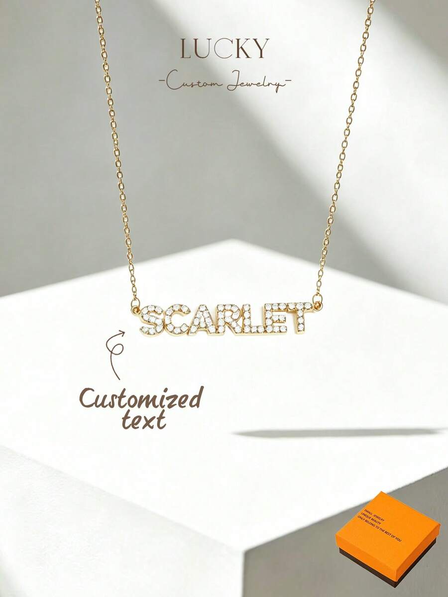 Personalized Text Necklace, Hiphop Style Women's Customized Pendant Necklace, Nylon Chain With Pendant, Customized Text Jewelry, Best Gift For Couples, Friends, Family, Silver Fashion, Autumn Fashion, Casual Minimalist, Minimalism, Unisex, Customized Fashion, Personalized, Unique, Suitable For Girlfriend, Mother, Mother's Day Gift - Full Diamond Necklace Style 4 - View 1