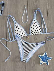 Bộ bikini gợi cảm in chấm bi mùa hè dành cho nữ, thích hợp đi nghỉ mát. - Màu xanh nhạt - Xem 1