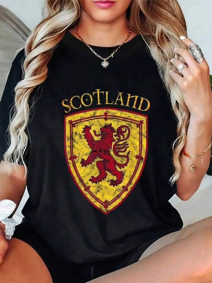 T-shirt casual 100% cotone con stemma dello sciarpe scozzese, t-shirt con bandiera per donna e uomo, t-shirt grafica con scollo rotondo, top per le vacanze estive. - nero - Visualizzare 1