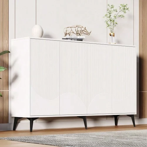 White Sideboard, 160 Cm Wide, Multifunctional Sideboard, Chest Of Drawers, Highboard With Adjustable Shelves, 4 Doors, Metal Legs - White - View 1
