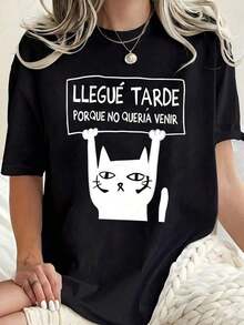 Playera Blanca con Frase Graciosa "LLEGUÉ TARDE PORQUE NO QUERÍA VENIR" y Gato, Camia de Humor Sarcástico en Español Estampada, Blusa Holgada Aesthetic Casual de MujerAdecuado como regalo. playera de mujer. blusas>elegantes. boho chic,Exquisita camiseta estampada de cuello redondo para mujer, ideal para varias estaciones, perfecta para vacaciones, viajes y días festivos. - Negro - Ver 7
