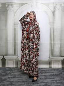 Muslim Traditional Long Floral Pattern Abaya With Hood, Comfortable Woven Fabric - Multicolor - View 5