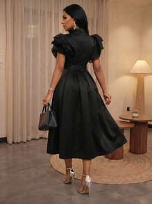 SHEIN Lady Women's Elegant Black V-Neck Ruffle Sleeve Pleated Mid-Length Dress - Black - View 2