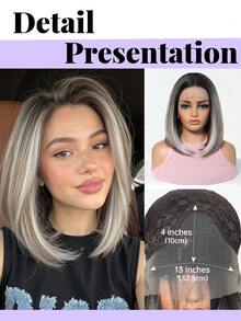 Tóc giả Bob thẳng 12 inch ren trước ombre từ gốc tối sang bạc tro, đường chân tóc được nhổ sẵn với tóc con, tóc sợi tổng hợp chịu nhiệt, mũ thoáng khí chống rối cho đi làm hàng ngày, hẹn hò, tiệc tùng, cosplay, phụ kiện thời trang tóc nữ bán chạy nhất - Màu xám ombre - Xem 7
